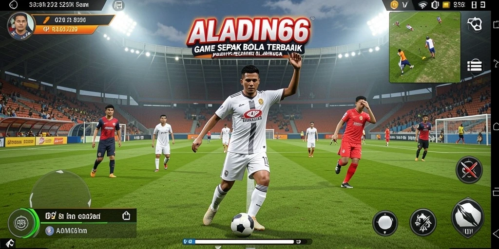 Screenshot utama ALADIN66 menampilkan aksi seru di lapangan sepak bola.