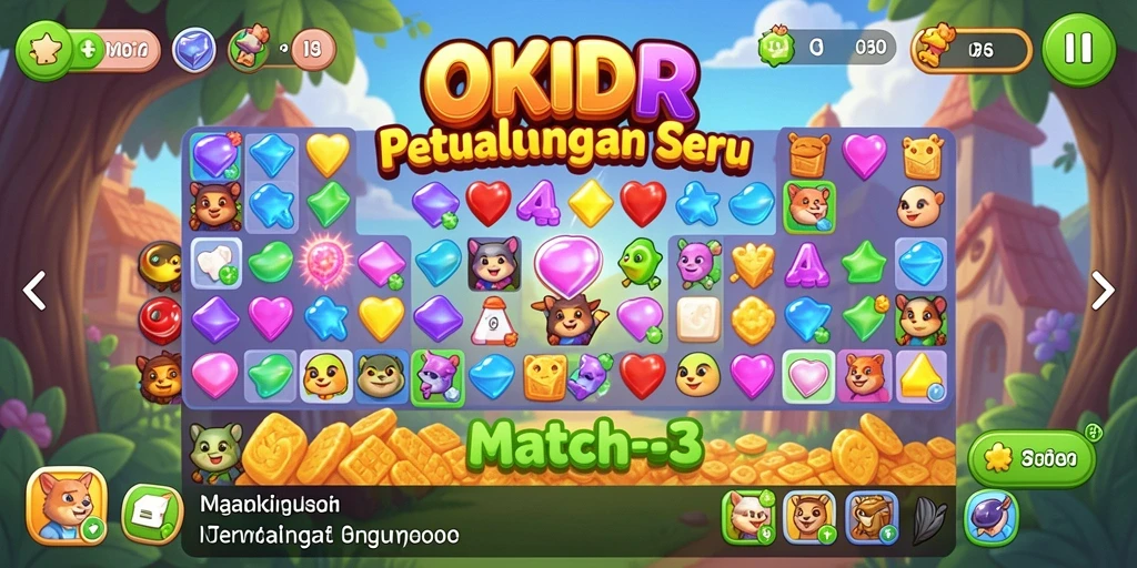 Tampilan menarik dari gameplay Match-3 di OKIDR.