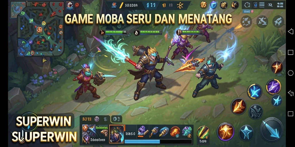 Tangkapan layar utama SUPERWIN menampilkan aksi MOBA yang menegangkan.